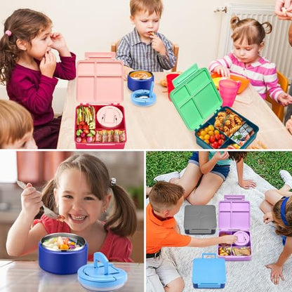 Bento Lunch Box for Kids with 8oz Soup Thermo,Kids Leakproof Lunch Food Containers with 4 Compartment,Kid Insulated Thermo Hot Food Jar for School,Trvael-Blue - color: Blue
