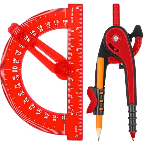 Zonon 2 Pcs Student Protractor and Compass, Student Geometry Math Set Drawing Compass and 180 Degree 6 Inch Protractor with Swing Arm for Drawing Measuring School Office (Red) - color: Red