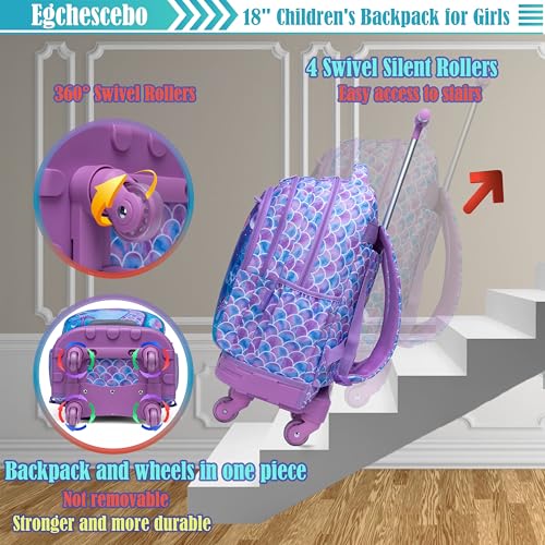 Kids Rolling Backpack for Girls Mermaids Suitcases Trolley Roller Luggage Backpacks with 360° Rotating Wheels 15" Laptop Lunch Box Pencil Case for Elementary 18" Travel School Bag Purple - color: Purple-yuwei-1220