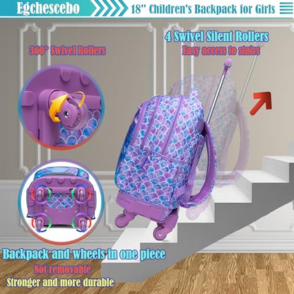 Kids Rolling Backpack for Girls Mermaids Suitcases Trolley Roller Luggage Backpacks with 360° Rotating Wheels 15" Laptop Lunch Box Pencil Case for Elementary 18" Travel School Bag Purple - color: Purple-yuwei-1220