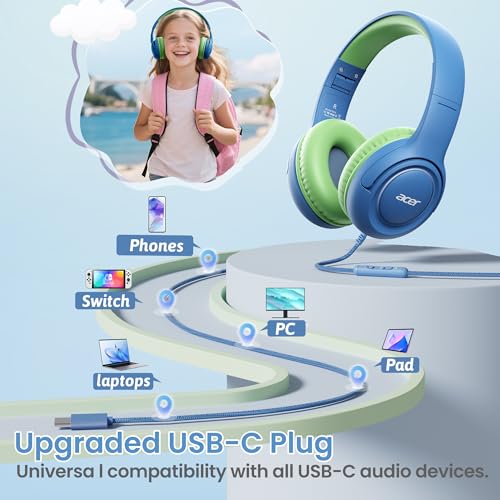 Acer USB-C Kids Headphones - 85/94dB Safe Volume Limited, Foldable Wired Over Ear Headphones for Travel, Toddler Headphones for School, Travel, iPad, Tablet, Blue Green, HK03C - color: USB-C Green Blue