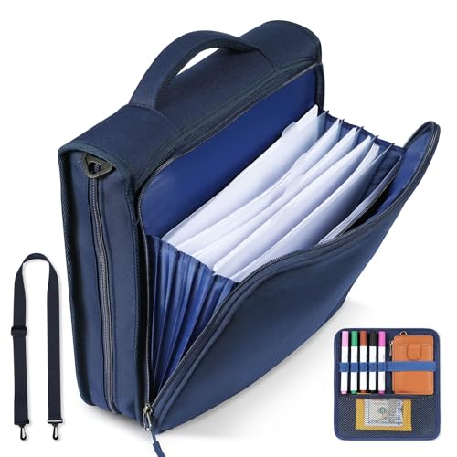 2 Inch 3 Ring Zipper Binder with Multi-Pocket, 6-Tab Expandable File Folder, Fits 14” Laptop, Zipper Bag Fits 500 Sheet Capacity with Handle & Shoulder Strap(Blue) - color: Blue