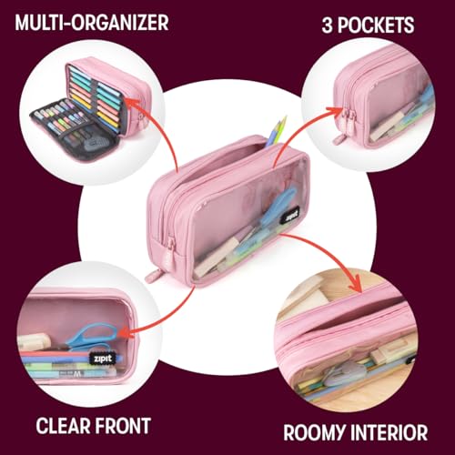 ZIPIT Half & Half Pencil Case for Girls, Aesthetic 3 Compartment Zipper Pouch for School, Stationery Bag for Teen and Adults, Pink - color: Light Pink