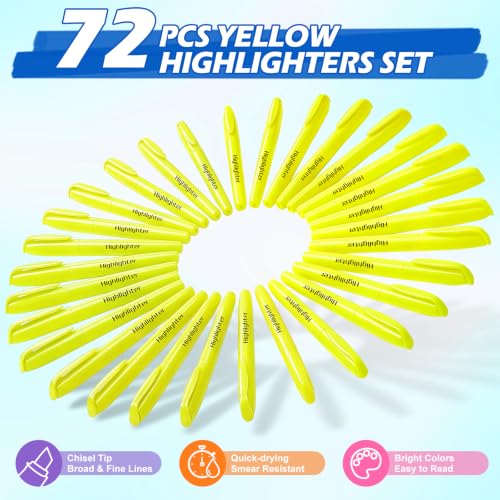 72 Count Yellow Highlighters Bulk, Chisel Tip, No Bleed Fluorescent Highlighter Pens, Back to School Supplies, Teachers, Office, Classroom Must Have - color: Yellow