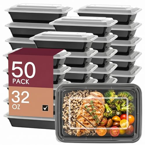 Meal Prep Containers 50 Pack with Lids, 32 Oz Food Storage Containers, BPA Free Reusable Plastic Boxes, Leakproof Microwave Freezer Dishwasher Safe for Home & Office - size: 32 oz