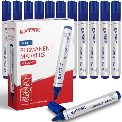 EXTRIC Permanent Markers, Chisel Tip, Blue, Quick Drying Ink, Works on Paper, wood, Plastic, metal and Glass, Great for Home, Office and School use - color: Blue
