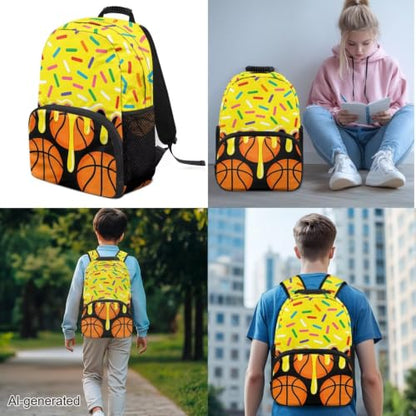 Yellow Ice Cream Basketball 3pcs School Backpack Set With Lunch Box Pencil Case, 17 Inch Large Capacity Bookpacks 3 In 1 Set For Boys Girls - color: Yellow Ice Cream Basketball