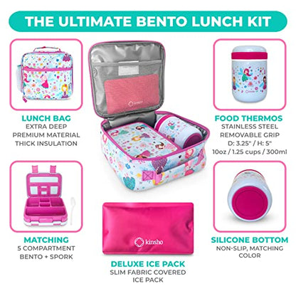 Bento Lunch Box with Stainless Steel Thermo, Matching Insulated Lunch Bag and Ice Pack Set for Girls, Kids, 5 Divided Compartments, Snack Container for Toddler Daycare, Pink Fairy Princess - color: Fairy Set