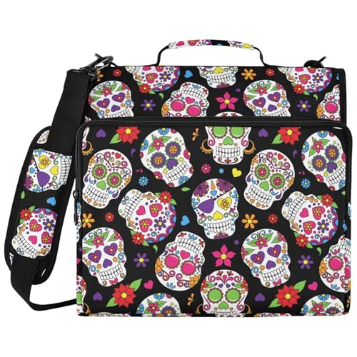 Zipper Binder Day of the Dead Sugar Skull Bag with Shoulder Strap 3 Ring Binder Organizer Large Capacity Multiple Pockets for School Office - color: Multicolor Skull