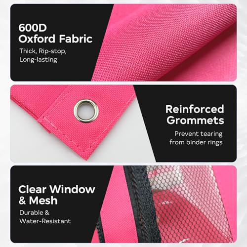 3 Ring Pencil Pouch for Binder, 2-Pocket Zipper Pencil Case with Clear Window & Mesh Pocket, 600D Oxford Fabric Binder Pouch for School Office Supplies, Fits Standard 3-Ring Binders, Rose Red - color: Rose Red