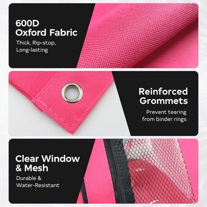 3 Ring Pencil Pouch for Binder, 2-Pocket Zipper Pencil Case with Clear Window & Mesh Pocket, 600D Oxford Fabric Binder Pouch for School Office Supplies, Fits Standard 3-Ring Binders, Rose Red - color: Rose Red