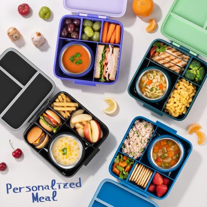 Bento Lunch Box for Kids with 8oz Thermo Containers for School,Camping | Vacuum Insulated Food Jar,Leakproof Silicone-Seal,5 Compartments with Dividers,Dishwasher & Refrigerator Safe,BPA-Free - color: Green