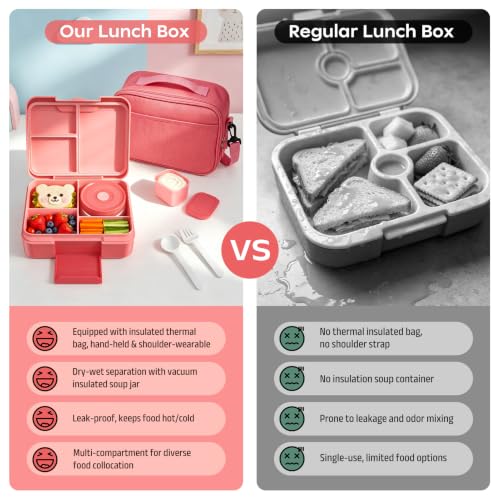 Bento Lunch Box Set for Kids with 8.5oz Hot Food Jar Leak-Proof Lunch Food Container with Insulated Lunch Bag for Toddlers Girls Boys Teens to School, Office, Picnic, Camping, Travel - Pink - color: Pink