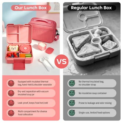 Bento Lunch Box Set for Kids with 8.5oz Hot Food Jar Leak-Proof Lunch Food Container with Insulated Lunch Bag for Toddlers Girls Boys Teens to School, Office, Picnic, Camping, Travel - Pink - color: Pink