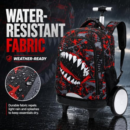 3Pcs Large Rolling Backpack for Boys, 20 Inch Detachable Light Up Wheeled Bookbag with Lunch Box, Durable Graffiti Shark Roller Backpack for Elementary Middle School (Red) - color: Large Wheels Mouth Red