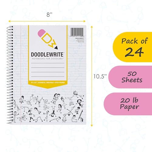 DoodleWrite Wide Ruled Spiral Notebooks, Student School Notebook with Doodle Prompts for Focus & Creativity, Perforated 3-Hole Punched Pages, 8" x 10.5" 50 Sheets, Bulk 24 Pack - size: Wide Rule (Pack of 24), style: 24 Pack
