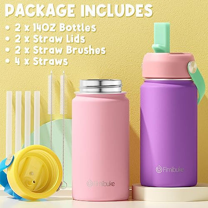 Fimibuke Kids Insulated Water Bottle, 14oz BPA FREE Double Wall Vacuum Tumbler 18/8 Stainless Steel Leak Proof Kids Cups with Straw Metal Water Bottle for School Boys Girls (2 Pack, Milky Pastel) - color: B5. Milky Pastel