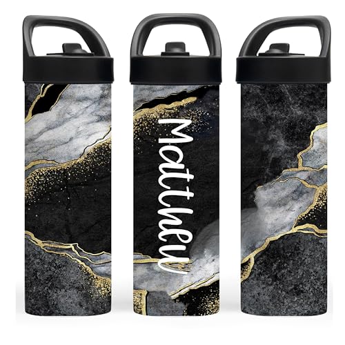 Personalized Black Gold Marble Water Bottle with Name | 20oz Stainless Steel Insulated Bottle | Custom Gym, School & Sports Tumbler for Adults & Students - color: Black