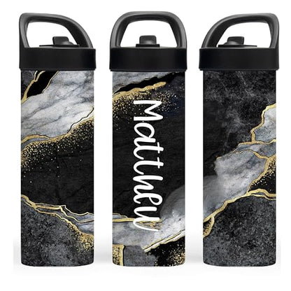Personalized Black Gold Marble Water Bottle with Name | 20oz Stainless Steel Insulated Bottle | Custom Gym, School & Sports Tumbler for Adults & Students - color: Black