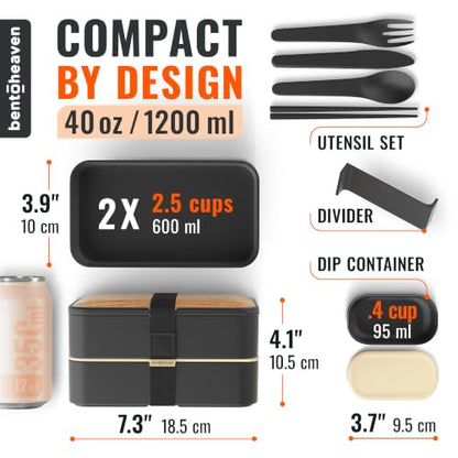 Bentoheaven Bento Box Adult, Stackable Lunch Box, 40 oz, Symph Onyx | BPA-free, leakproof and microwave-safe with 2 compartments, utensils, chopsticks, divider and sauce cup for men and women. - color: Symph-Onyx