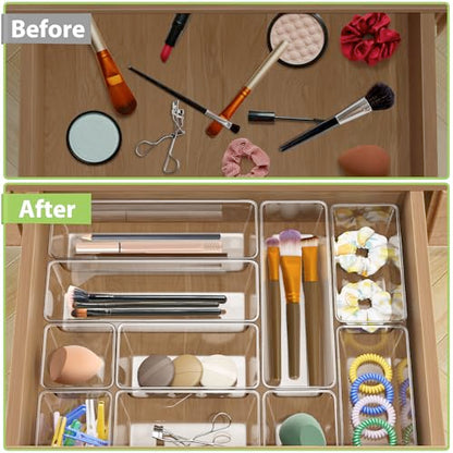12 Piece Clear Drawer Organizer Set, 3 Sizes Bathroom Vanity Organizer Trays and Storage Bins for Makeup, Cosmetics, Jewelry, and Gadgets. Perfect for Office, Kitchen, Bedroom, Bathroom Use. - size: 12pcs-3size
