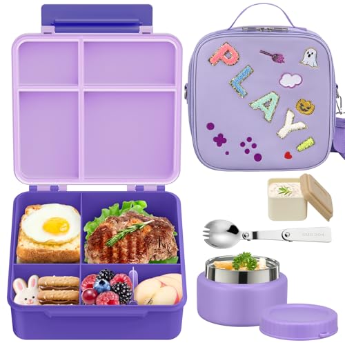 Kids Bento Box - 4 Compartment, Leak-Proof, with Soup Thermo | 9oz Soup Thermo Included, Insulated Lunch Bag, For Boys & Girls, School & Travel - color: Play-Purple