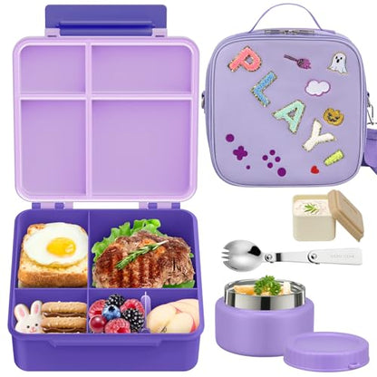Kids Bento Box - 4 Compartment, Leak-Proof, with Soup Thermo | 9oz Soup Thermo Included, Insulated Lunch Bag, For Boys & Girls, School & Travel - color: Play-Purple