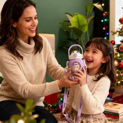 LEJN 28 oz Water Bottle Kawaii with Adjustable Shoulder Strap for Summer Cold Water Chill Portable Leakproof BPA-free Cartoon Children Cup Capsule Bottle Traveling Hiking (Purple820ml) - color: Purple820ml