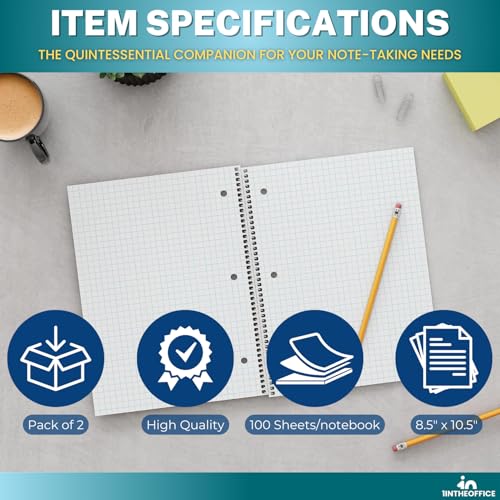 1InTheOffice Graph Ruled Spiral Notebook, 1 Subject Notebook, Wirebound Graph Paper Notebook 8 x 10.5 Inch, 70 Sheets, 5 Squares Per Inch, 3 Hole Punched