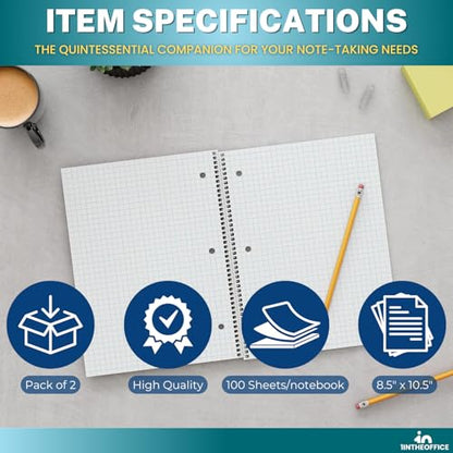 1InTheOffice Graph Ruled Spiral Notebook, 1 Subject Notebook, Wirebound Graph Paper Notebook 8 x 10.5 Inch, 70 Sheets, 5 Squares Per Inch, 3 Hole Punched
