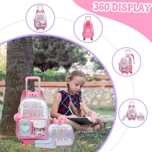 Meetbelify Rolling Backpack for Girls Backpack with Wheels for Elementary Student Kids School Bag with Lunch Box Pencil Case for Girls Ages 6-8 Years Old - color: Prw Pink