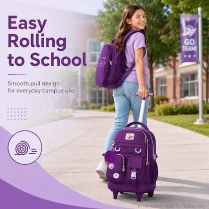 CCJPX 3PCS Rolling Backpack for Girls, Women Roller Bookbag with Lunch Box for Adults, Water Resistant Wheeled School Bag for Teens Kids Travel - Dark Purple - color: Dark Purple