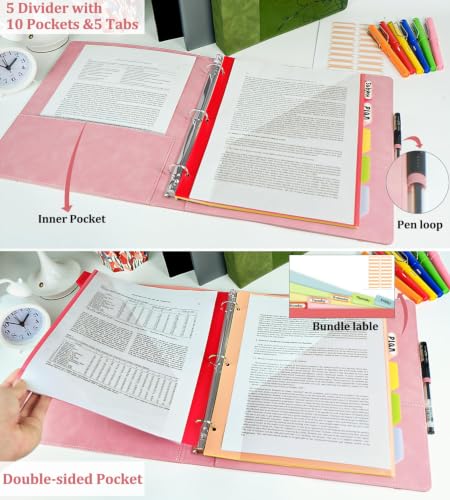 3 Ring Binder 1 Inch, Leather Binders with Clipboards, KLLVE Three Ring Binder with 10 Pocket Divider(Pink, Letter Size) - color: Pink