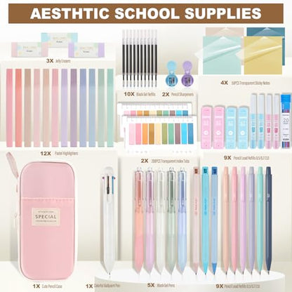 58 PCS Aesthetic School Supplies with Cute Pencil Case,12 Pastel Highlighters, 5 Gel Pens Black Ink，9 Mechanical Pencils for，Student Stationary，CollegeEssentials Gifts (pink) - color: Pink