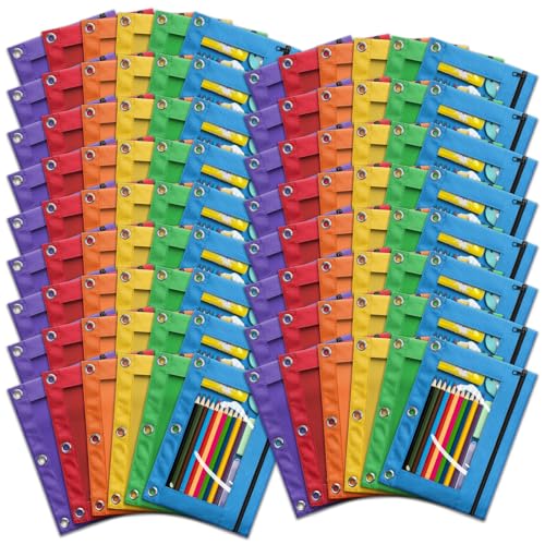 V-Opitos Pencil Pouch for 3 Ring Binder, Bulk 102 Pack 3-Holes Zipper Pencil Pouches in Assorted Colors, Sturdy and Durable Cloth Pencil Holder with Clear Window for Office School College Supplies