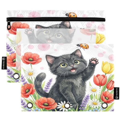 Gredecor 3 Ring Binder Pencil Pouch, Black Kitten Ladybug Poppy Zippered Pen Case Pouches with Clear Window, 2 Pack Stylish Office & School Supplie - color: Black Kitten Ladybug Poppy