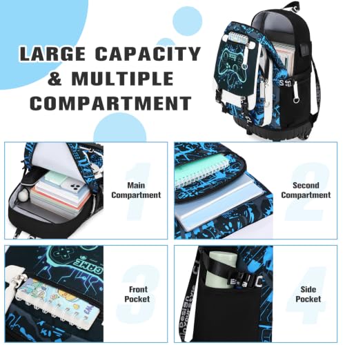 Bevalsa Rolling Backpack for Boys, Roller Backpack with Wheels, Wheeled School Bag with Sling Bag, Lunch Box & Pen Case for Kids Children Teens Elementary Middle Student Glow In The Dark - color: Blue Game