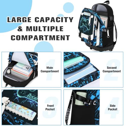 Bevalsa Rolling Backpack for Boys, Roller Backpack with Wheels, Wheeled School Bag with Sling Bag, Lunch Box & Pen Case for Kids Children Teens Elementary Middle Student Glow In The Dark - color: Blue Game