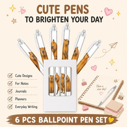 6-Piece Cute Capybara Pen Set, Funny Animal Ballpoint Pens for Women Men Kids Teens, Gift for Her Him Friends Coworkers, Birthday Christmas Valentines Easter Gift, School Supplies Desk Accessories