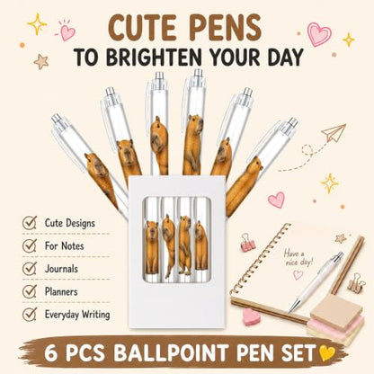 6-Piece Cute Capybara Pen Set, Funny Animal Ballpoint Pens for Women Men Kids Teens, Gift for Her Him Friends Coworkers, Birthday Christmas Valentines Easter Gift, School Supplies Desk Accessories