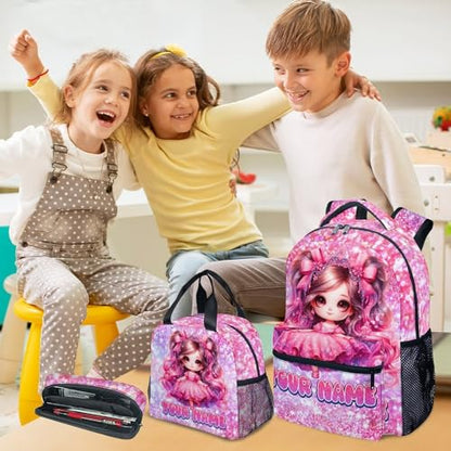 COZYAURA Girl Backpack for Girls Personalized with Name - 3-Piece School Bag Set with Insulated Lunch Box & Pencil Case for Kindergarten & Elementary Students - color: Red