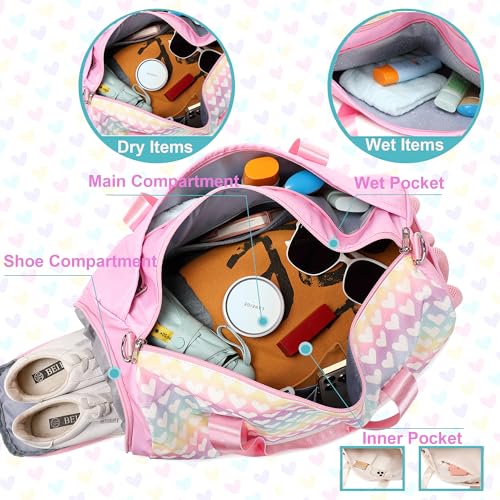 Jumpopack Glitter Dance Bag for Girls Duffle Bags Girls Overnight Bags Sleepover Gym Gymnastics Bag with Shoe Compartment and Wet Pocket,Heart Pattern - color: Pink Heart