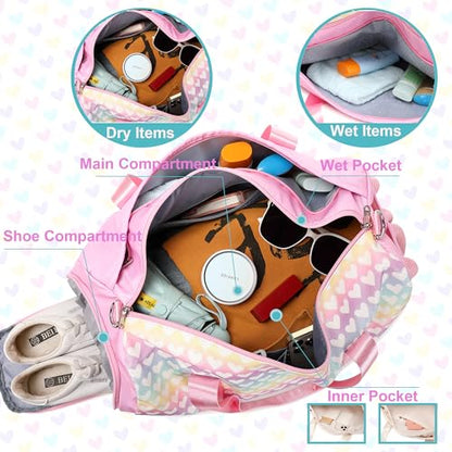 Jumpopack Glitter Dance Bag for Girls Duffle Bags Girls Overnight Bags Sleepover Gym Gymnastics Bag with Shoe Compartment and Wet Pocket,Heart Pattern - color: Pink Heart