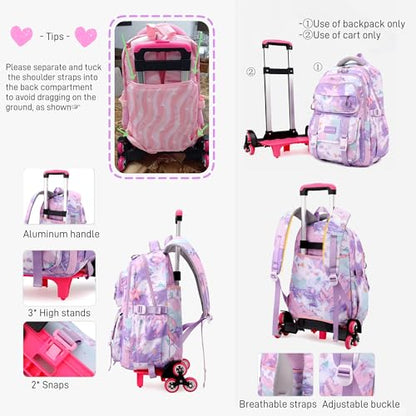 Kids Rolling Backpack for Girls School Backpack with Wheels for Girls Wheeled Bookbags Roller Trolley Bags for Primary Students, 6-Wheel Pink - color: 6 Wheels Pink