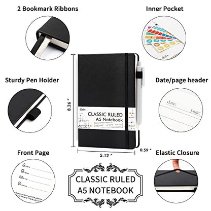 12 Pack Notebooks Journals Bulk with 12 Black Pens, Feela A5 Hardcover Notebook Classic Ruled Journal Set with Pen Holder for School Business Work Travel Writing, 120 GSM, 5.1”x8.3”, Black - color: 12 Pack black