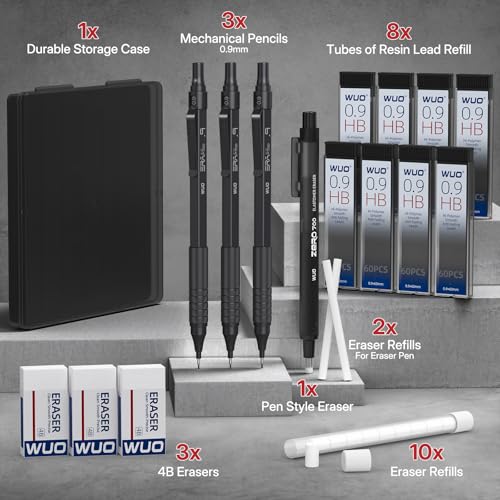 WUO 0.9mm Mechanical Pencil Set, 3 Black Metal Drafting Pencils with 480 HB Lead Refills, Precision Eraser Pen, 4B Erasers & Case, Mechanical Pencils for Writing, Drawing, Sketching & School - color: Black, size: 0.9