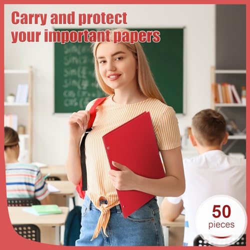 Yeaqee 50 Pcs Plastic Folders with Pockets Bulk 3 Hole Punched 2 Pocket File Folders for 3 Ring Binder Divider Folder for Notebooks, Durable Poly for Office Home (Red) - color: Red