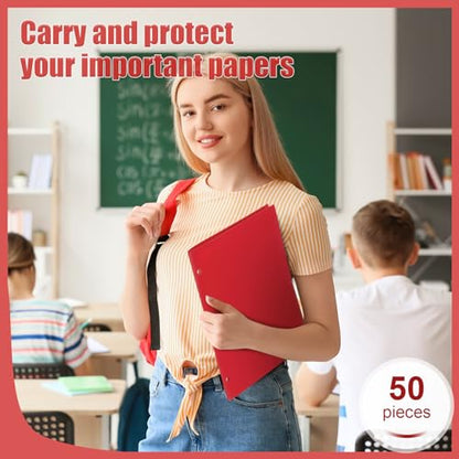 Yeaqee 50 Pcs Plastic Folders with Pockets Bulk 3 Hole Punched 2 Pocket File Folders for 3 Ring Binder Divider Folder for Notebooks, Durable Poly for Office Home (Red) - color: Red