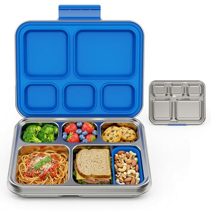Pawtong Stainless Steel Lunch Box, 5-Compartment Bento Lunch Box for Kids & Adults,Metal Lunch Box with Removable Silicone Container, Lunch Box Containers for School,Office (Blue) - color: Blue
