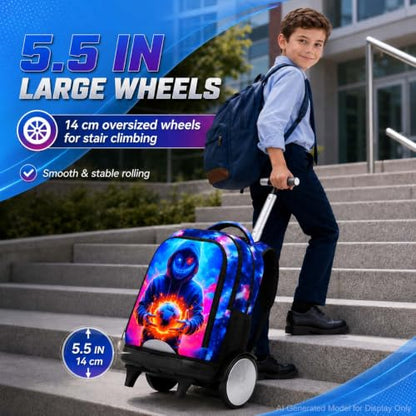 KLFVB Big Quiet-Glide Wheels Boys Backpack, 3-in-1 Rolling Bookbag Set with Lunch Bag | Water-Resistant Roller Bag for Kids, School, Travel, Play - Devil Soccer - color: Rolling Backpack with Big Wheels - Devil Soccer